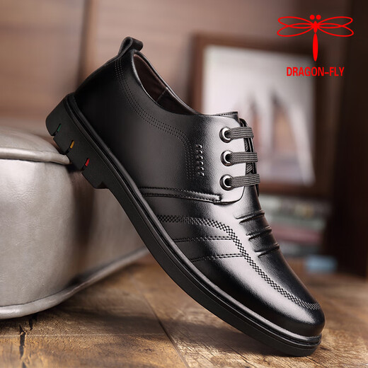 Dragonfly brand men's genuine leather shoes Korean style casual cowhide shoes new business formal wear soft sole wear-resistant versatile soft leather shoes black 41