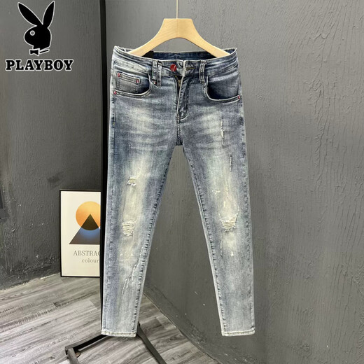 Playboy (Playboy) zerrissen Jeans Herrenmarke 2025 Sommer Dünn Schlanker Fit Small Feet Elastic und gutaussehende vielseitige, lässige neun-Punkte-Hosen 9759 Retro Blue 28