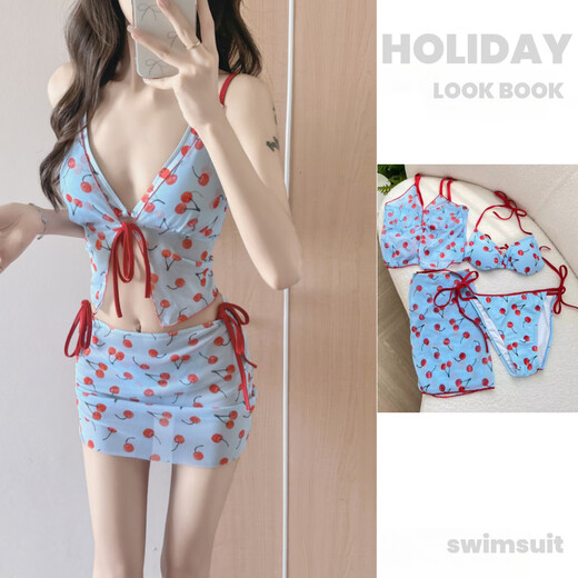Bo Na Ling Cherry Girl Split Bikini Cute Student Belly Covering Slim Hot Spring Swimwear Four-piece Sexy Resort Swimsuit Blue One Size Recommended 80-120 Jin Jin equals 0.5 kg