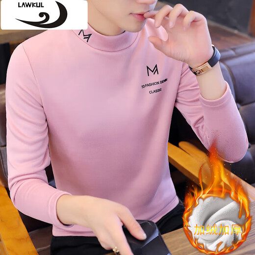 Langgu LAWKUL long-sleeved t-shirt for men in autumn and winter plus velvet and thickened half turtleneck bottoming shirt trendy slim and warm men's top T7151 Khaki XL