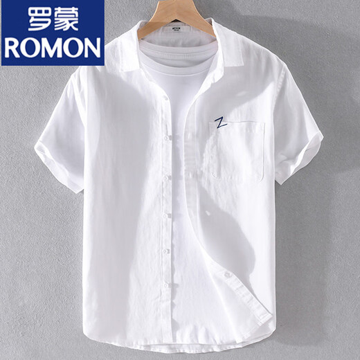 
ROMON men's linen lapel short-sleeved shirt loose shirt collar top with collar T-cotton linen T-shirt linen summer clothing yunyi-9711 blue L