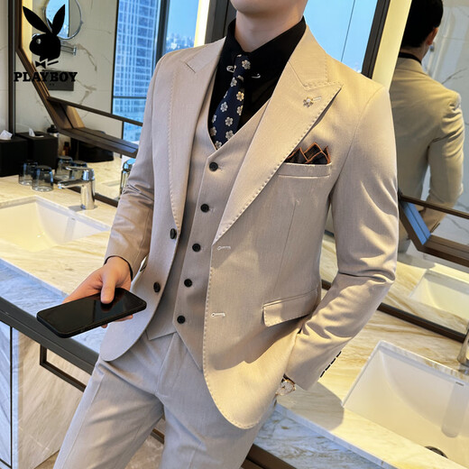 Playboy (PLAYBOY) lapel collar two-button suit men's suit business casual solid color Korean version slim fit groom's wedding suit three-piece medium gray suit + trousers + vest XL (125-140Jin Jin equals 0.5 kg)