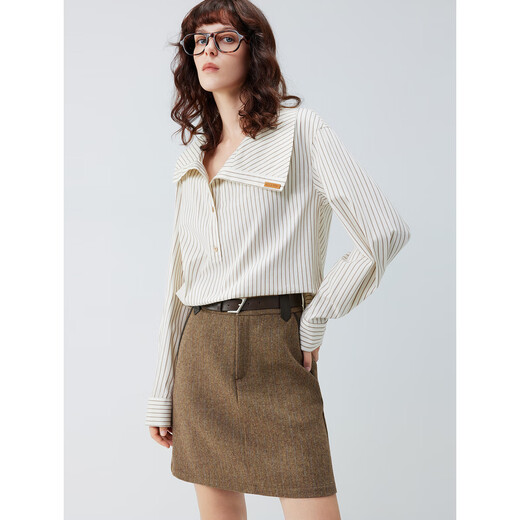 ELLE brown striped texture irregular lapel shirt for women 2025 autumn new design niche shirt striped L