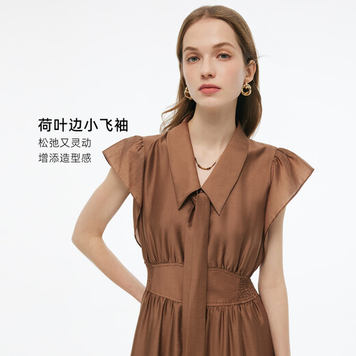 歌莉娅天丝连衣裙女夏季贵气穿搭2025新款独特飞袖裙子1E5C4K680 91Y啡色 XXS