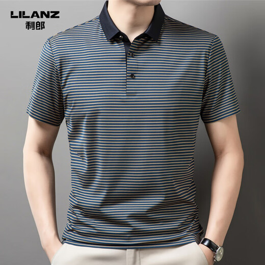 
Lilang men's lapel short-sleeved T-shirt summer striped young and middle-aged business casual POLO shirt ice silk breathable top green 13691 S 165