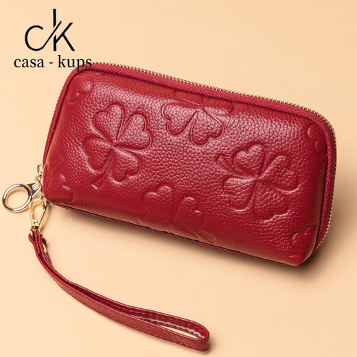 casa-kups钱包女长款2024新款时尚手拿包头层牛皮手机拉链包四叶草手包 黑色