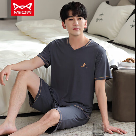 
Catman MIIOW summer pajamas men's modal thin short sleeve shorts casual plus size two pieces YS9717 L Recommended -130Jin [Jin equals 0.5 kg]