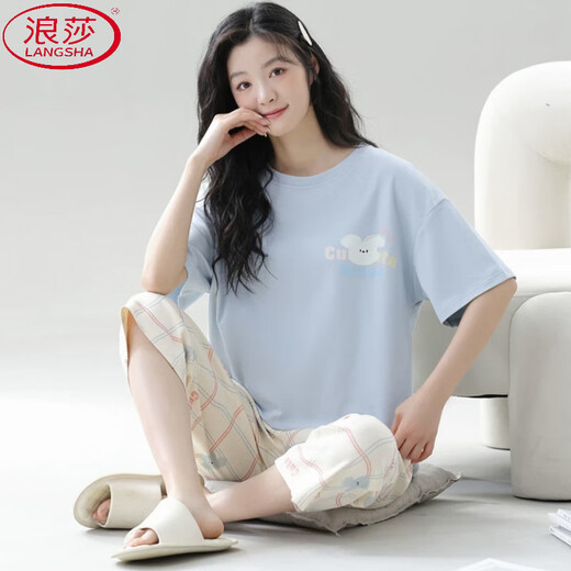 浪莎（LangSha）睡衣女夏季薄款短袖七分裤2025年新款休闲舒适女士家居服两件套装 7029# L 【推荐95-115斤】