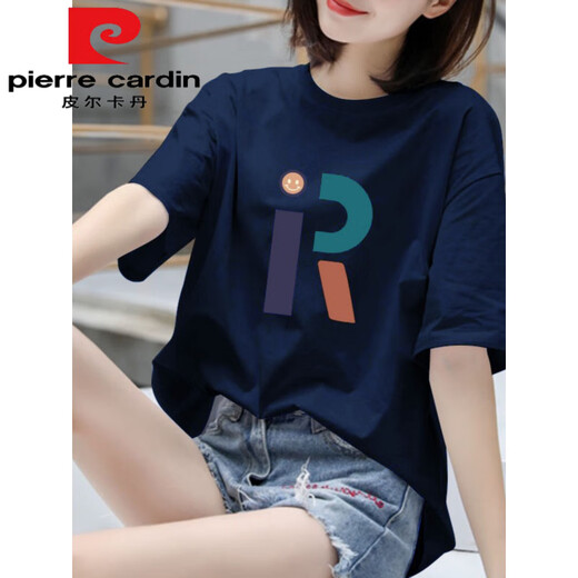 Pier Cardin 100 pure cotton short-sleeved T-shirt for women high-end versatile and fashionable daily style loose large size slimming half-sleeved top 983# navy blue [100% cotton] popular this year S [recommended 80-100Jin [Jin equals 0.5 kg]]