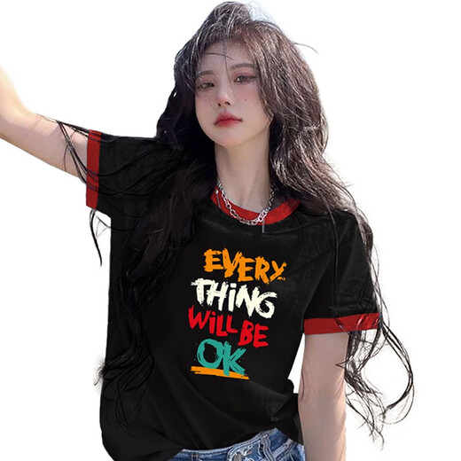 GTYUWVG2025 Nouveau modèle de t-shirt à manches courtes pour femmes pour les femmes devant les épaules Coton Pure Produits européens Lâche et à la mode Princement Top Summer INS TRENDY 6197 Collier rouge noir Imprimerie rose S
