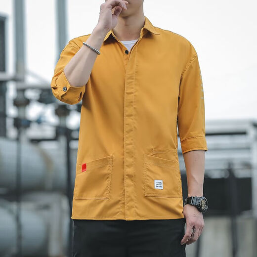 衬衫男士七分长袖韩版宽松潮流休闲半袖夏季中袖上衣男衬衣工装 701黄色 M