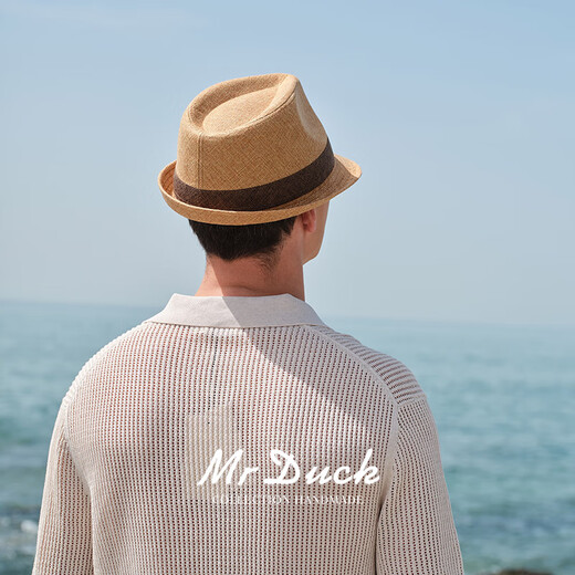 Mr DUCK高档男士帽子 英伦绅士帽卷边小礼帽爵士帽 夏天防晒草帽大小头围 MS13014-棕色 (可调节帽围） M (适合56-58cm头围)