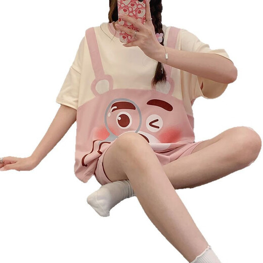 Opeodly夏季睡衣女薄款学生甜美短袖短裤两件套夏天宽松可外穿休闲家居服 684背带熊 L 【建议98-112斤】