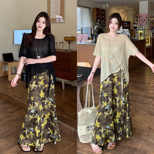 Einzelbündel Fat MM Plus Size Damen Eisseide Strickoberteil bedruckter Rockanzug A1477 Oberteil + 21846 Rock A1477 schwarzes Oberteil (ohne Hosenträger) + 21846 2XL 140–160 Einheitsgröße