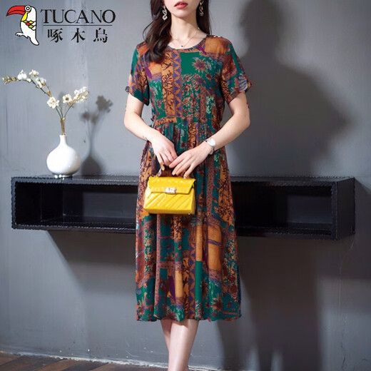 Tucano; Vestido de seda de algodón de pájaros carpinteros para mujeres de mediana edad y ancianos en el verano 2025 Nuevo falda de cubierta floral de gran tamaño de manga corta. Ligero y delgado 683-Nuevo No. 18 Color delgado 3xl [130-150Jin [Jin equivale a 0.5 kg]]