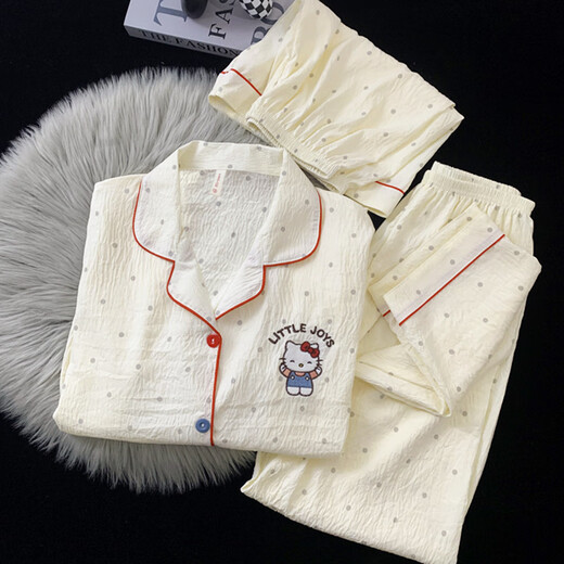 京濮飞小熊睡衣女春夏季棉纱三件套舒适家居服 云朵棉-9905#黑爱心三件套 M 【建议75-100斤】