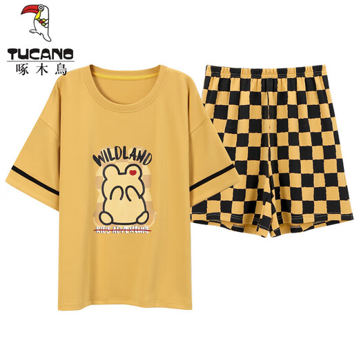 TUCANO; Woodpecker Summer Women's Short Sleeve Cotton Plaid Pajama Set Summer Pure Korean Style Home Clothes Can Be Cartoons Outside Y9858 M (Suggested 75-95Jin [Jin equals 0.5 kg])