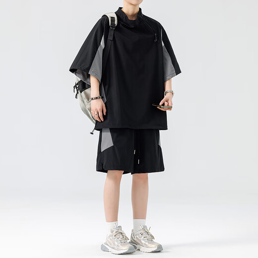 Lnoc li ningning mismo seda de hielo traje de secado rápido de secado rápido marca de verano para hombres de montaña suelta al aire libre transpirable pantalones de cinco puntos de manga corta li ning chlz-tz6167 traje negro m