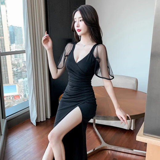 性感连衣裙KTV晚礼服佳丽长裙夜场上班衣服足浴按摩SPA技师工作服 3882黑色 2XL建议125-135斤 均码