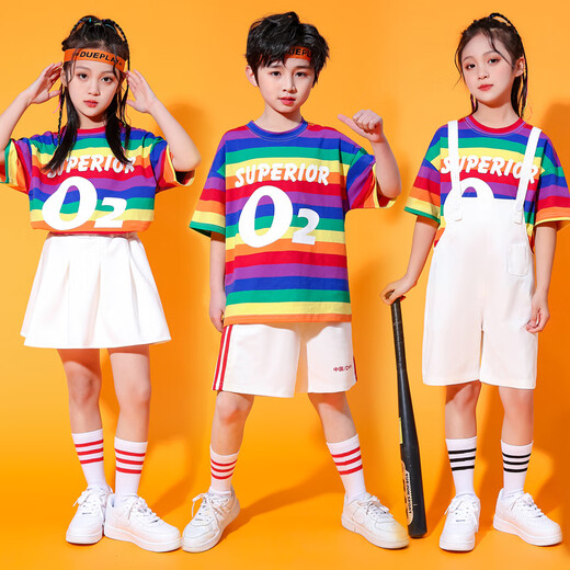 10,000 people collected the Children’s Day Performance Clothes Overalls Set Kindergarten Graduation Photos Elementary School Cheerleaders Rainbow T+White Overalls+Socks 90 90