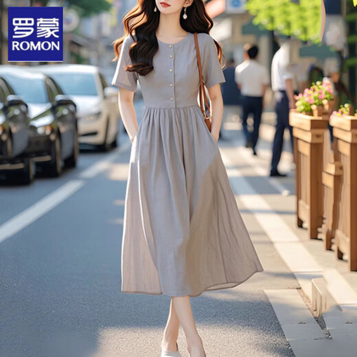 罗蒙灰色连衣裙子女装2025夏季新款长裙漂亮独特法式气质圆领 灰色 L 100-110斤