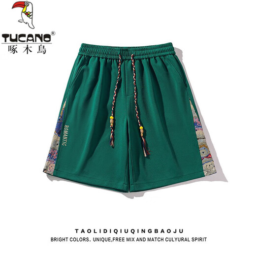 Woodpecker Japanese retro bear embroidered casual shorts men and women summer trendy couple loose wide-leg sports five-point pants flower white M