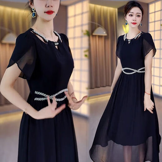 欧倩姗女短袖高端洋气女士高档裙子时尚连衣裙女2025夏季新款收腰遮肚子 13662-黑色 XL 建议110-125斤