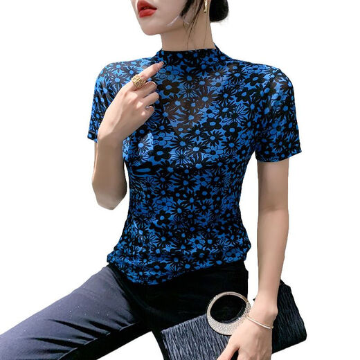 
DRYWORLD2025 summer high-end new fashion half turtleneck mesh printed T-shirt slim base shirt top for women off-white [fashionable and versatile 3878-5] M