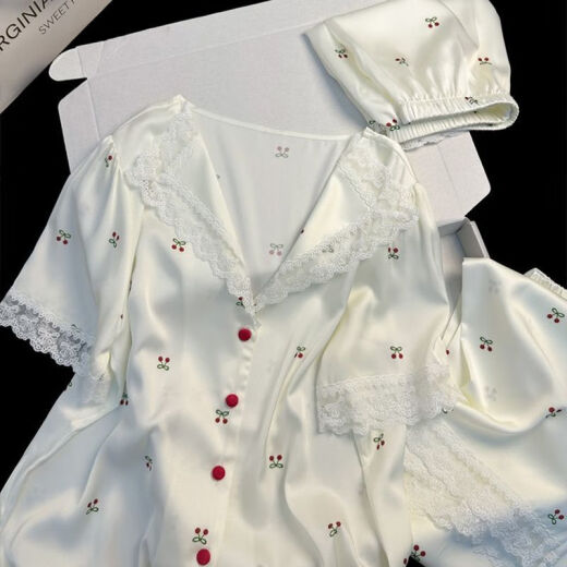 ZIPJBXins Small Cherry Lace-edged Ice Silk Pajamas for Women in Summer Three-Piece Short Sleeve Shorts Pants Home Clothing Thin LW-9207 [Short Sleeve Shorts] M [Suggested 80-100Jin [Jin equals 0.5 kg]]