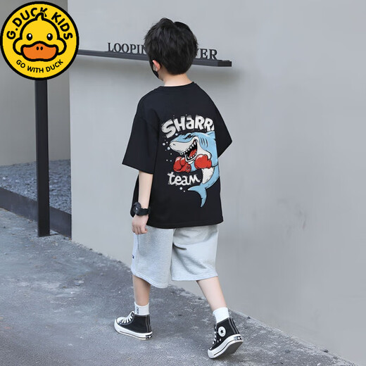 G.DUCKKIDS男童短袖T恤2025新款儿童夏装鲨鱼宝宝体恤韩版帅气男孩半袖上衣 CT723白色【棉】 90
