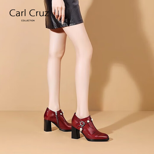 Carl Cruz时尚深口单鞋女2024秋季新款百搭尖头女鞋皮鞋高跟鞋气质及裸靴女 酒红色皮里 预售 37 235mm