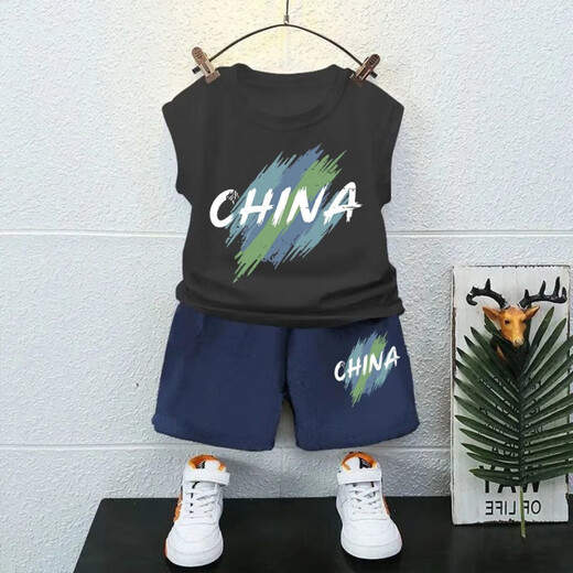 G.DUCKKIDS童装男童套装夏装纯棉无袖儿童背心夏季薄款炸街中大童短裤两件套 热售白色背心T1049+黑短裤T1049 90 cm 建议身高90CM以下