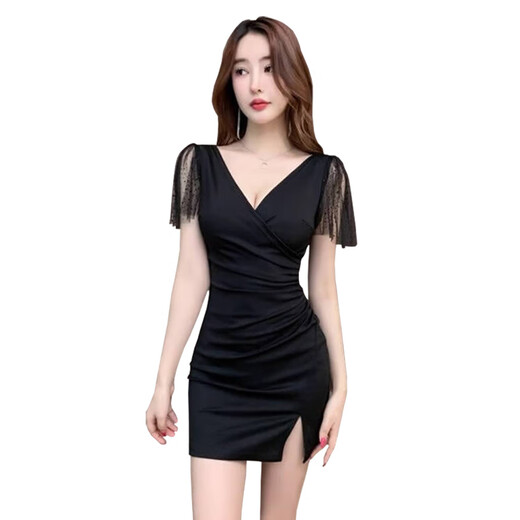 USYK sexy hip-pack nightclub dress for work nightclub dress for women deep V dress foot massage foot bath technician work clothes 3883 black S recommended 80-95 Jin [Jin equals 0.5 kg]