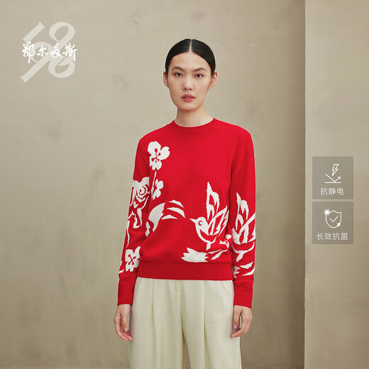 Ordos 1980 Autumn and Winter Pure Cashmere Round Neck ADF Intarsia Front Shoulder Red Women's Comfortable Cashmere Sweater Red Bottom Flower L 165/88A