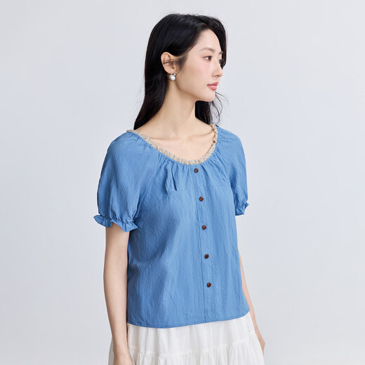 
InMAN French style wood ear short-sleeved shirt for women 2025 summer fashion loose lace round neck pullover shirt Klein Blue XL