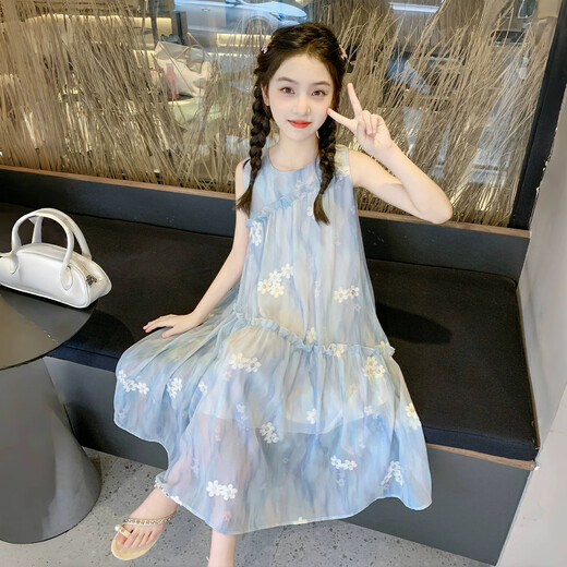Girls' dress summer thin 2026 new fashionable big children's summer vest dress summer chiffon children's skirt blue 150