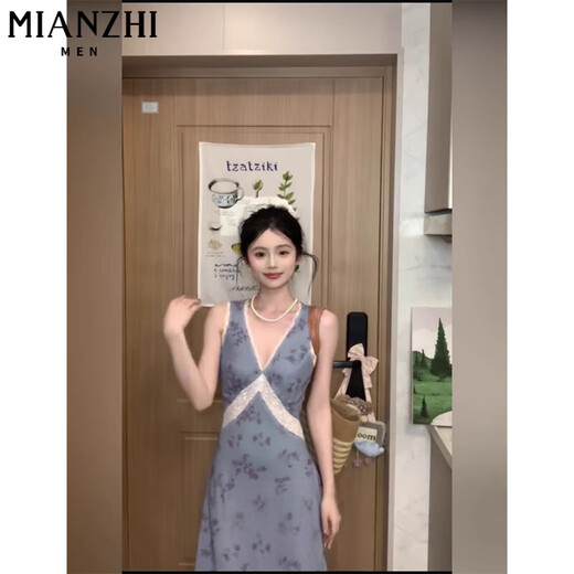 Cotton French Spitzenspitzen gespleißtes V-Ausschnitt Blumenkleid für Frauen im Sommer 2025 Neues kleines Temperament schlanker langer Rock 924 Lila Rosé [hohe Qualität 35,5] L 100-115jin [Jin ist 0,5 kg]