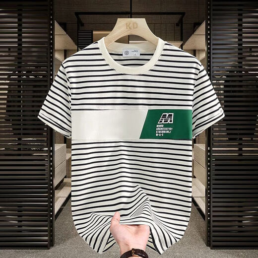 
Commander Bear 2025 short-sleeved T-shirt trendy striped men's versatile top Khaki breathable sweat-absorbing cotton 9898 M