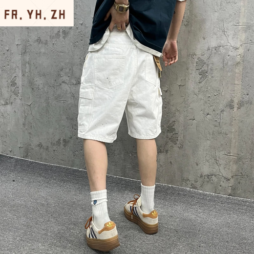 FR.YH.ZH Yin Xiaoji Heavy Washed Loose Working Large Pocket White Bamboo Denim Shorts Cropped Pants Men and Women 1049 White S