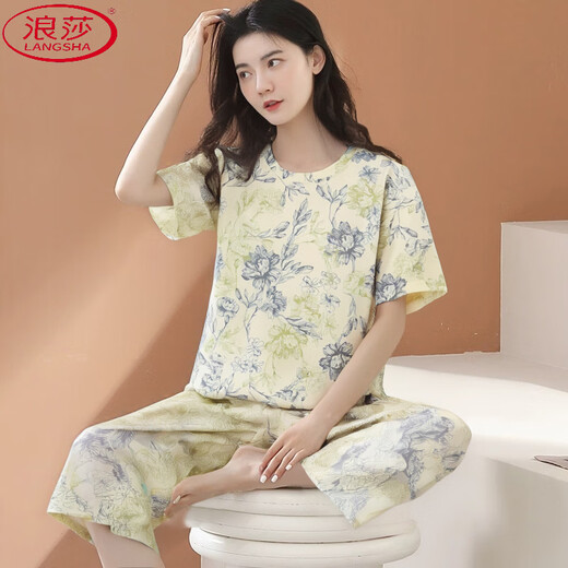 浪莎（LangSha）睡衣女夏季2025年新款短袖七分裤套装夏天女士中年妈妈宽松家居服 短袖七分裤-679 M 建议80-100斤