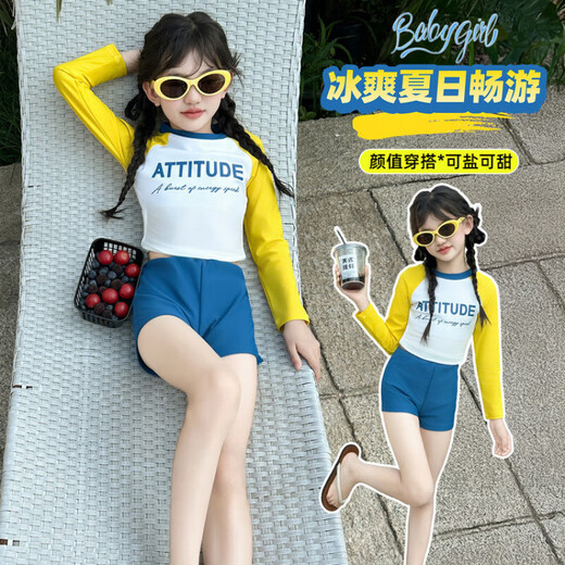 G.DUCKKIDS Girls Swimwear 2025 New Children's Split High-Value Swimwear Big Children Girls Internet Celebrity Long-Sleeved Sun Protection Swimsuit Picture Color 110 cm