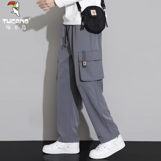啄木鸟冰丝工装裤男士2025新款青年男裤夏季薄款宽松直筒休闲裤子男款 9930灰色 薄款 L 【建议110-130斤穿】