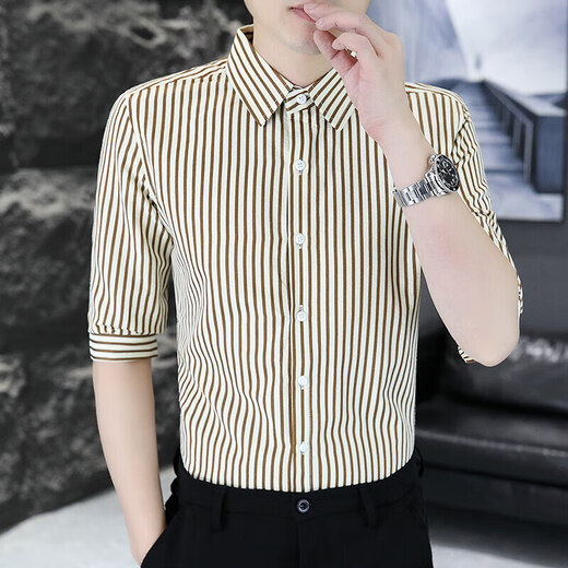 
Summer striped short-sleeved shirt men's 2025 new high-end light luxury shirt trendy brand handsome five-point mid-sleeved inch shirt 9-719 [Black] XL