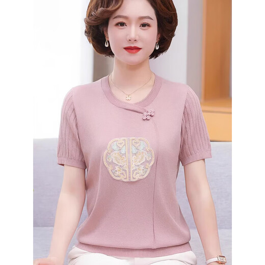 Xiangge old lady summer dress grandma short-sleeved ice silk middle-aged and elderly women's new Chinese knitted shirt fashionable T-shirt mother summer 9923 light powder M Recommended 85-100 Jin [Jin equals 0.5 kg]