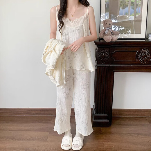梦特娇（MONTAGUT）云朵棉睡衣女春秋季长袖吊带三件套可爱树叶纯欲风家居服2025新款 tfn#f9929 5XL m建议75-95斤