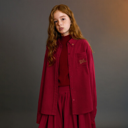 ELLE KIDS Children's Clothing Contrast Color Embroidered Long Sleeve Horse Year New Year Red Shirt Girls Autumn and Winter Corduroy Casual Versatile Top New Year Red 160 (S)