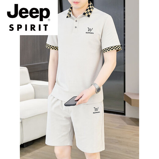 JEEP SPIRIT夏季男士套装短袖POLO衫潮流一套搭配休闲男装夏装t恤短裤二件套 TZ9902米色 【上衣+裤子】=【搭配一套装】 M 【80-105斤】