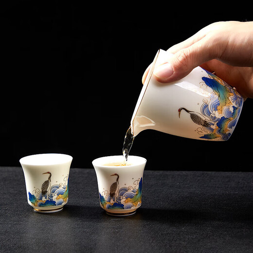 Xianjuren high-end gold silk enamel complete set of Kung Fu tea set thin body mutton fat jade white porcelain tureen tea cup set light luxury gift box Haiwen Crane Tea Ceremony Gift Pack 15 pieces