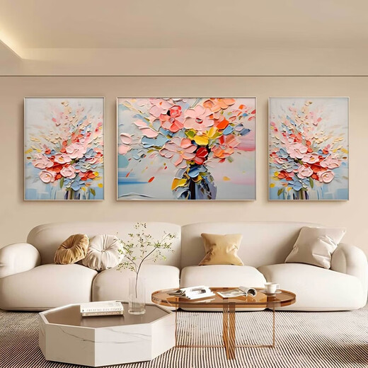 Peach Beauty Creme Blume Wohnzimmer Dekoration Gemälde Textur Triptychofa Hintergrund Wand Zusammenfassung Hängende Malerei Moderne einfache Wandmauer 3890 Nektar-B [Standard goldbürstete Aluminiumlegierung Rahmen] Mitte 80*60 Seite 40*60 [Textilkristallporzellanbilder]
