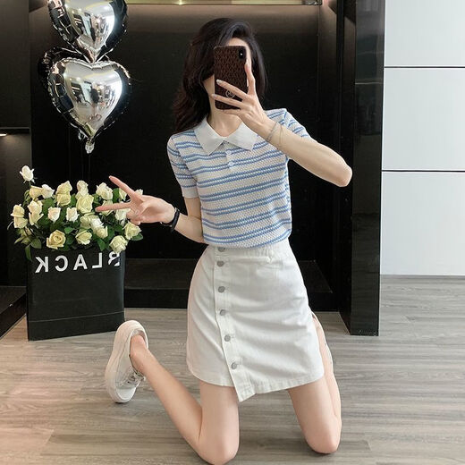 Longwenstin (L.WEST) Summer 2025 New Korean Striped Short Sleeve Top Slim and Versatile Denim Short Skirt Suit Skirt Two-piece Summer White Skirt 7170B S